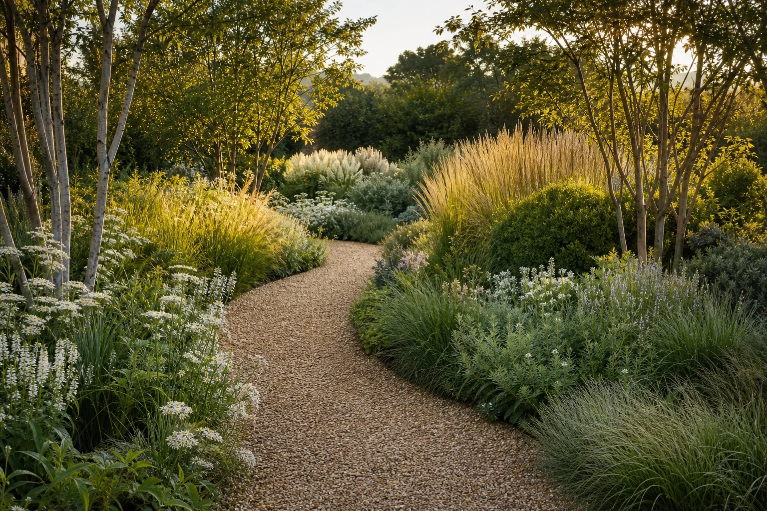 Allée de jardin entourée de graminées et vivaces