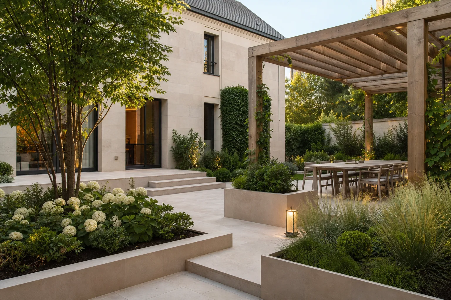 Terrasse contemporaine avec pergola et massifs paysagers